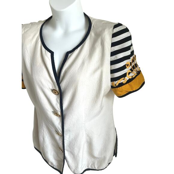 Vintage Saks Fifth Avenue Silk‎ Top Sz 16 Nautical Stripe Puff Sleeve Gold Trim - Picture 2 of 6